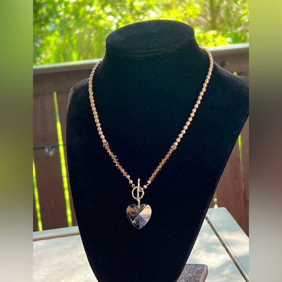 Crystal Swarovski Heart Faux Champagne Pearl Choker Necklace - Picture 9 of 9